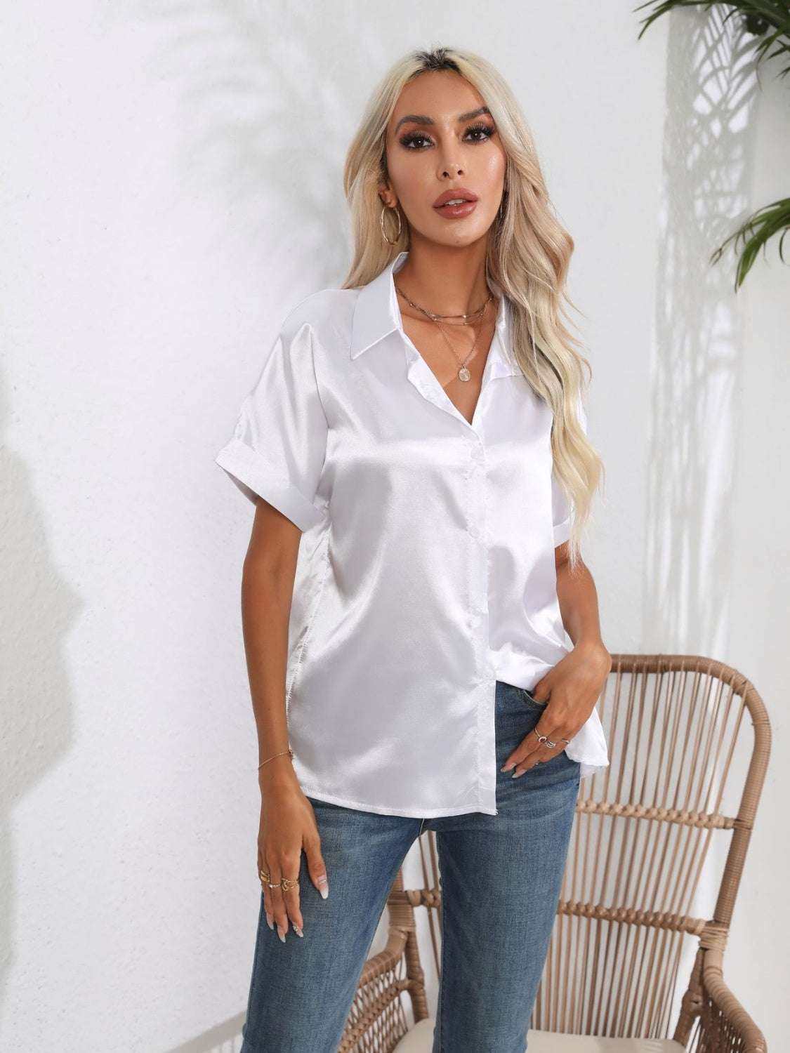 Button Down Collared Neck Short Sleeve Satin Shirt - Premium Women / Tops from Trendsi - Just $18.76! Shop now at Handbags Specialist Headquarter