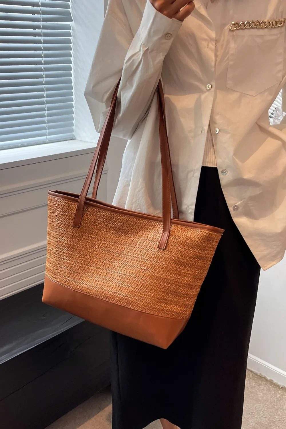 PU Leather Straps Large Tote Bag - Premium Tote Bag from Trendsi - Just $39.99! Shop now at Handbags Specialist Headquarter