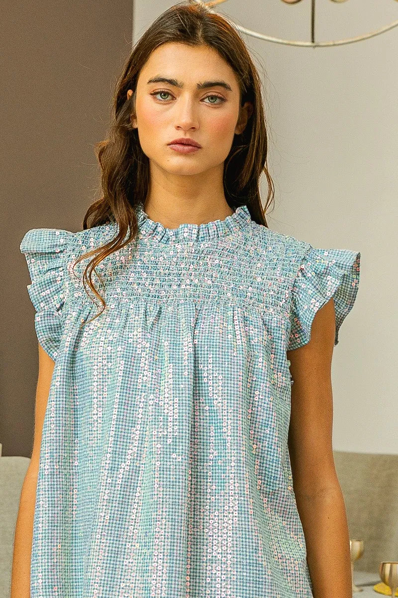 BiBi Clear Sequin All-over Gingham Smocked Top - Premium Women / Jeans & Denim from Trendsi - Just $69.36! Shop now at Handbags Specialist Headquarter