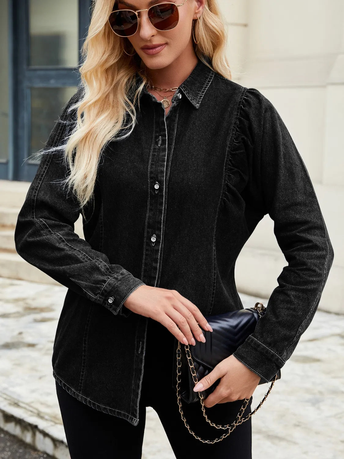 Button Down Collared Neck Denim Shirt - Premium Women / Jeans & Denim from Trendsi - Just $36.76! Shop now at Handbags Specialist Headquarter