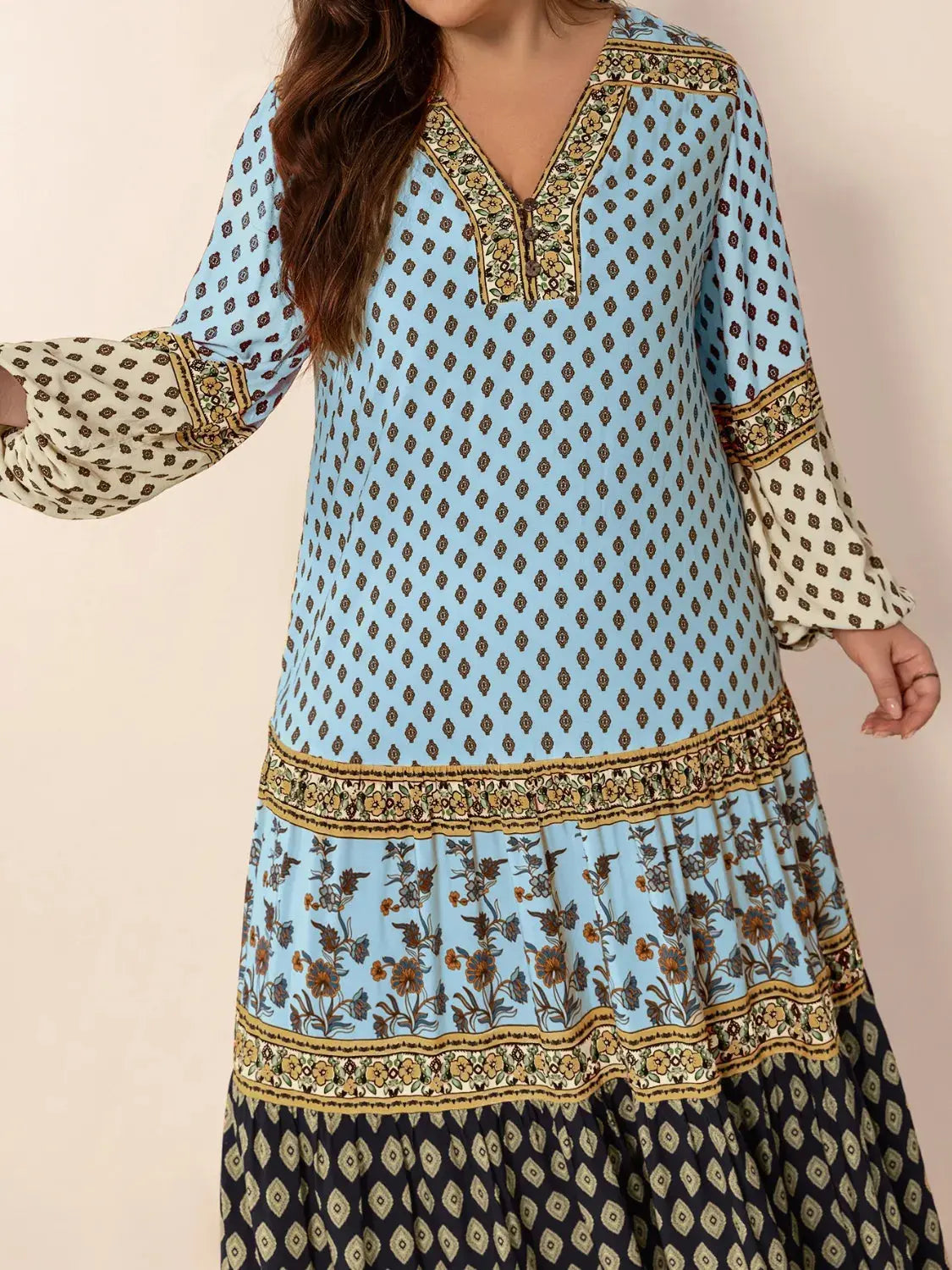 Plus Size Printed V-Neck Balloon Sleeve Maxi Dress.