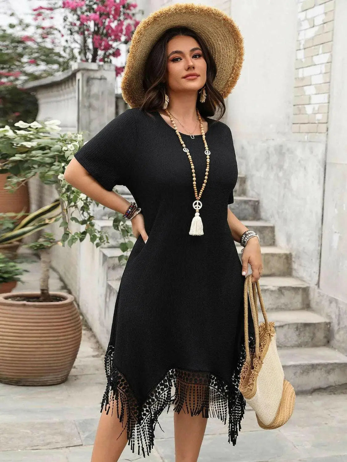 Plus Size Fringe Round Neck Short Sleeve Midi Tee Dress.