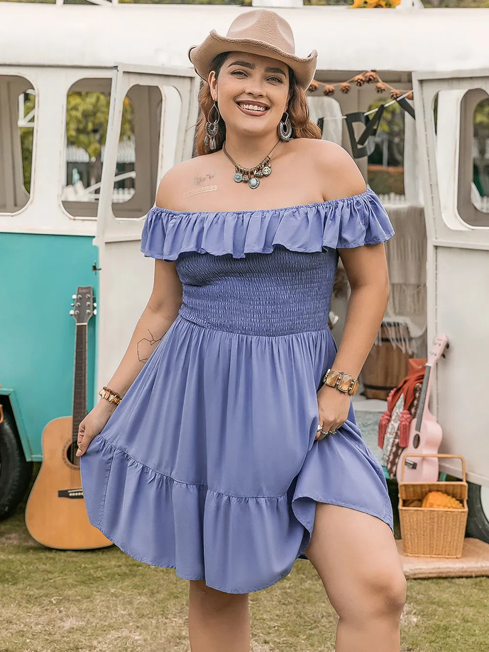 Plus Size Ruffled Smocked Off-Shoulder Mini Dress - Premium Dresses from Trendsi - Just $37.99! Shop now at Handbags Specialist Headquarter