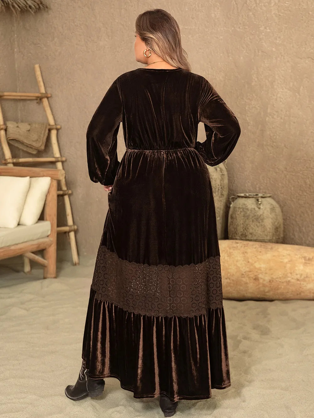 Plus Size V-Neck Balloon Sleeve Maxi Dress - Premium Dresses from Trendsi - Just $74.99! Shop now at Handbags Specialist Headquarter