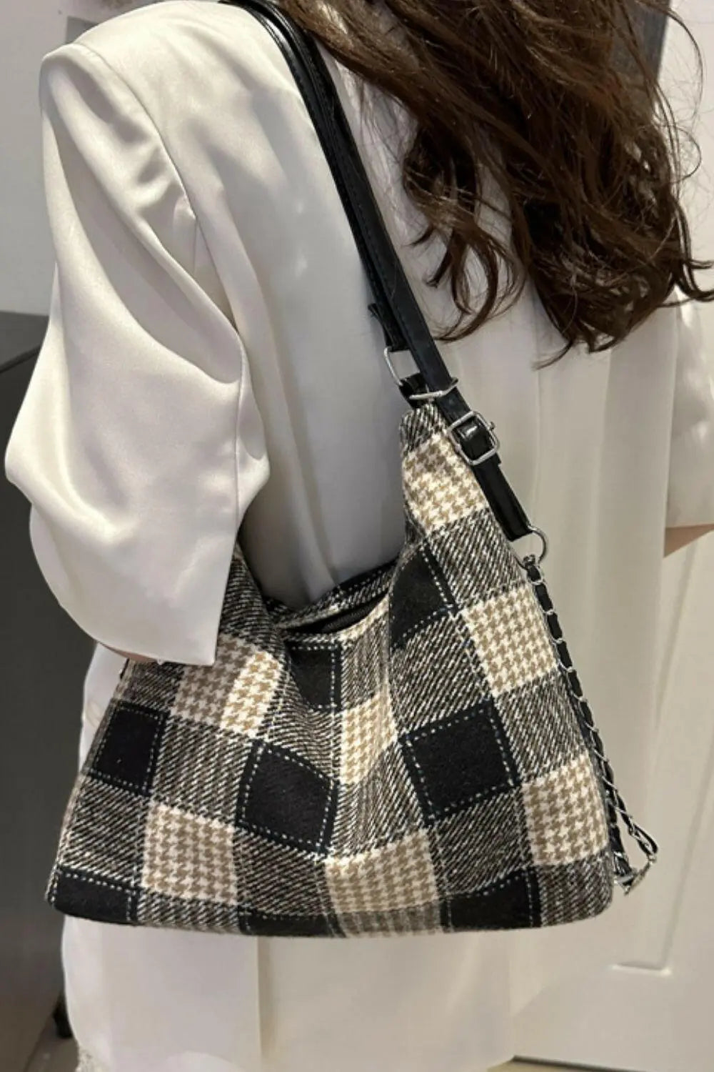 Plaid Adjustable Strap Handbag.