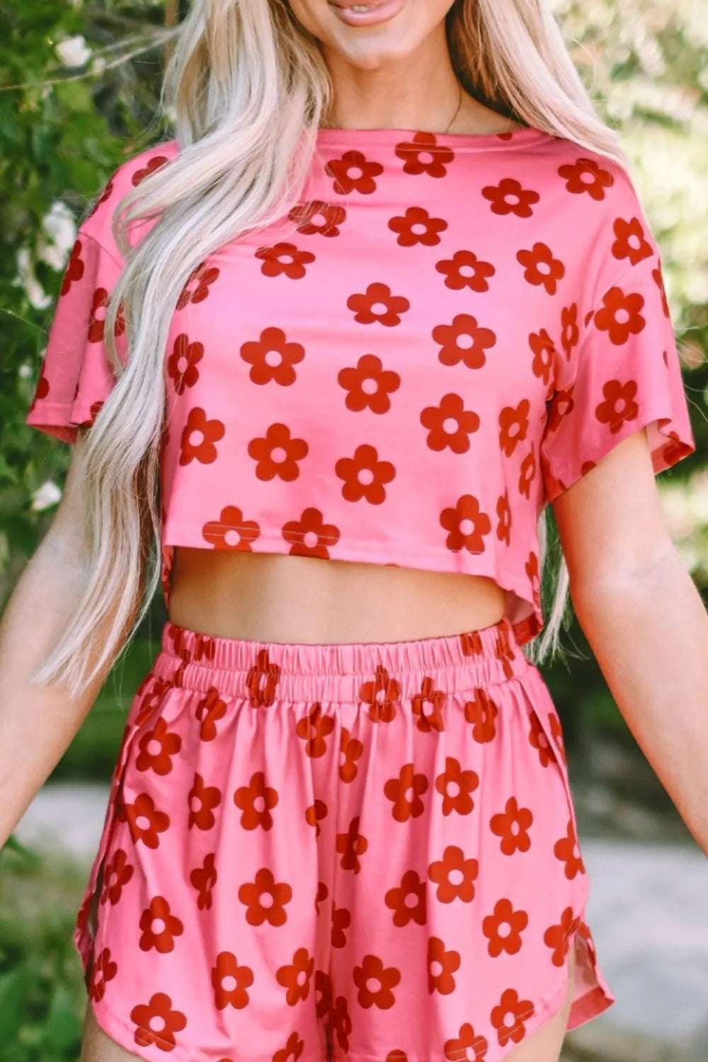 Floral Cropped Tee and Shorts Lounge Set - Premium Sleepwear from Trendsi - Just $25.99! Shop now at Handbags Specialist Headquarter