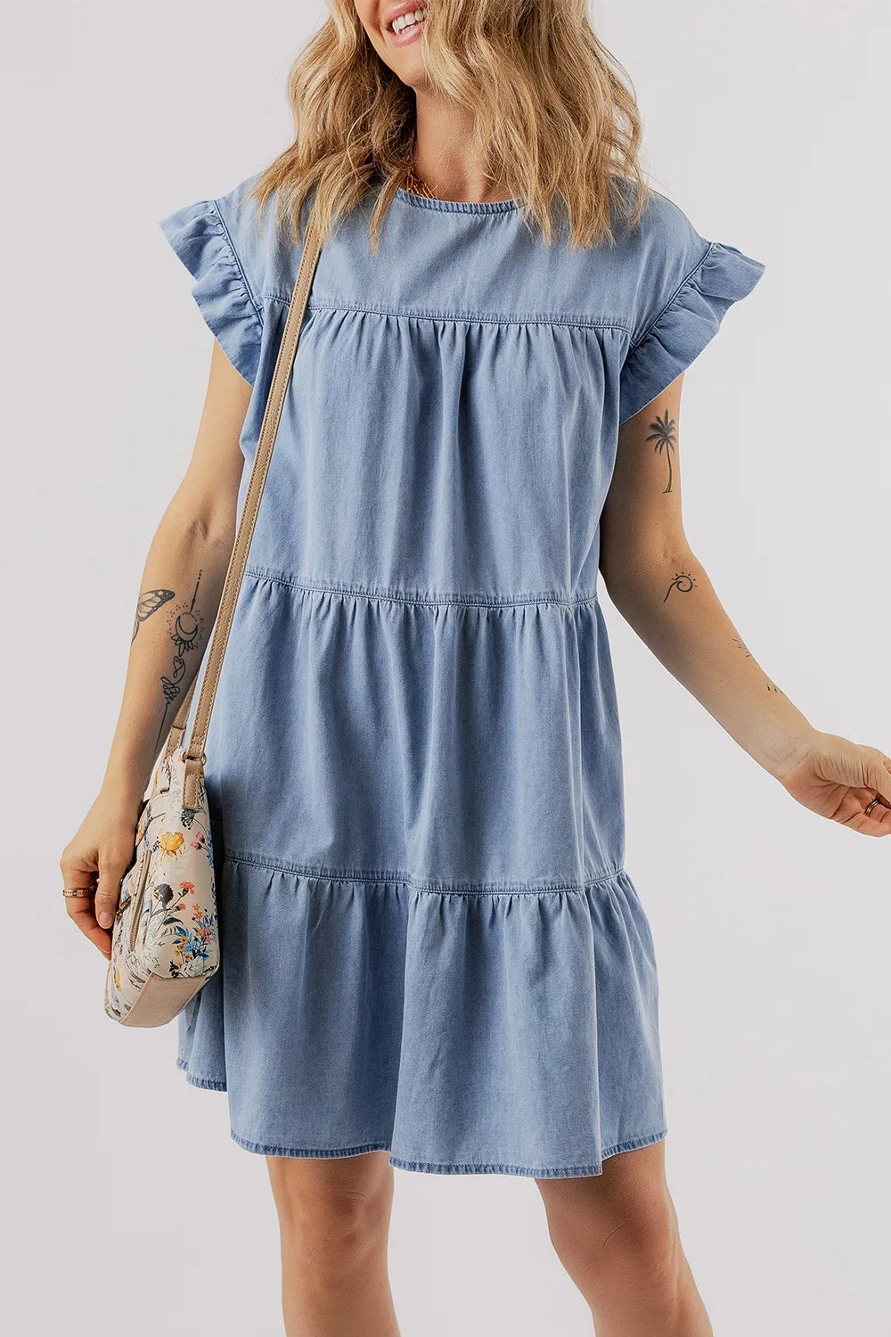 Ruffle Cap Sleeve Tiered A-line Denim Dress - Premium Women / Jeans & Denim from Trendsi - Just $49.18! Shop now at Handbags Specialist Headquarter