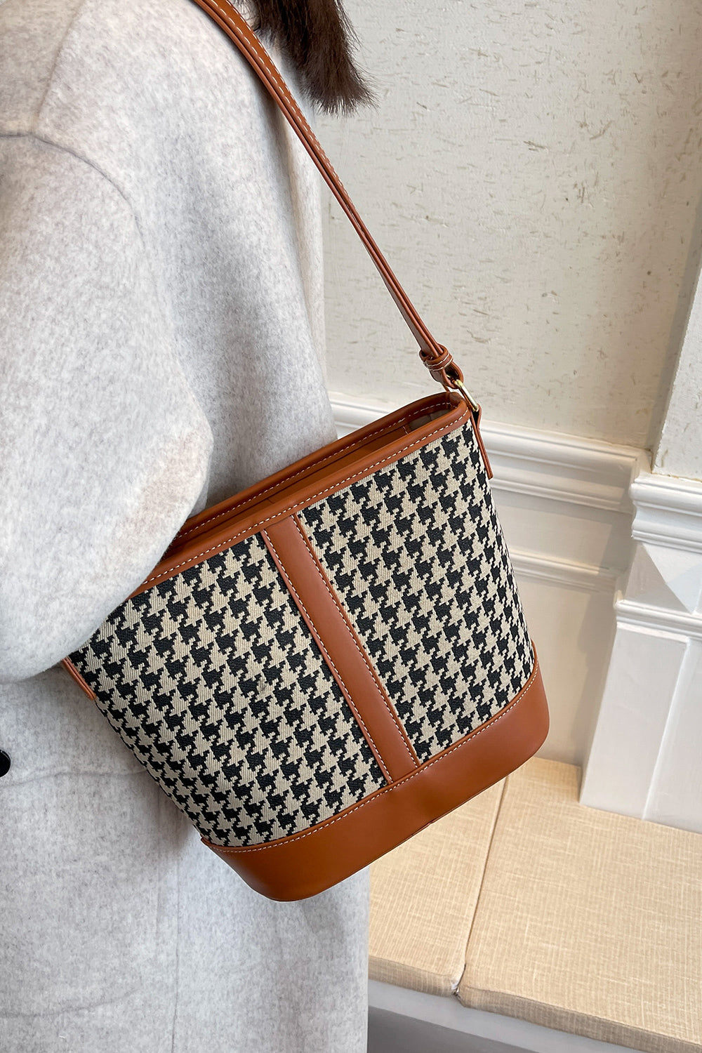 Houndstooth PU Leather Shoulder Bag - Premium Tote Bag from Trendsi - Just $39.99! Shop now at Handbags Specialist Headquarter