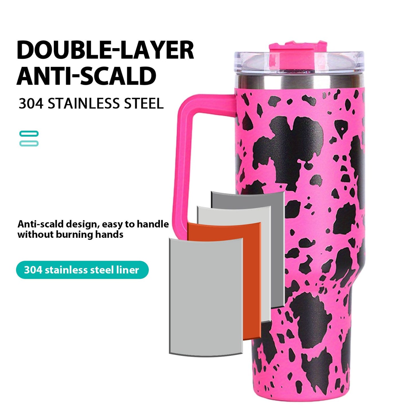 40oz 5D cowprint Insulated Tumbler With Handle And Straw Lid Portable Large Capacity water bottle, Heat preservation,304 Stainless Steel Cup For Outdoor Sports, Travel & Camping Birthday Gift - Premium Water Bottles from Doba - Just $39.48! Shop now at Handbags Specialist Headquarter