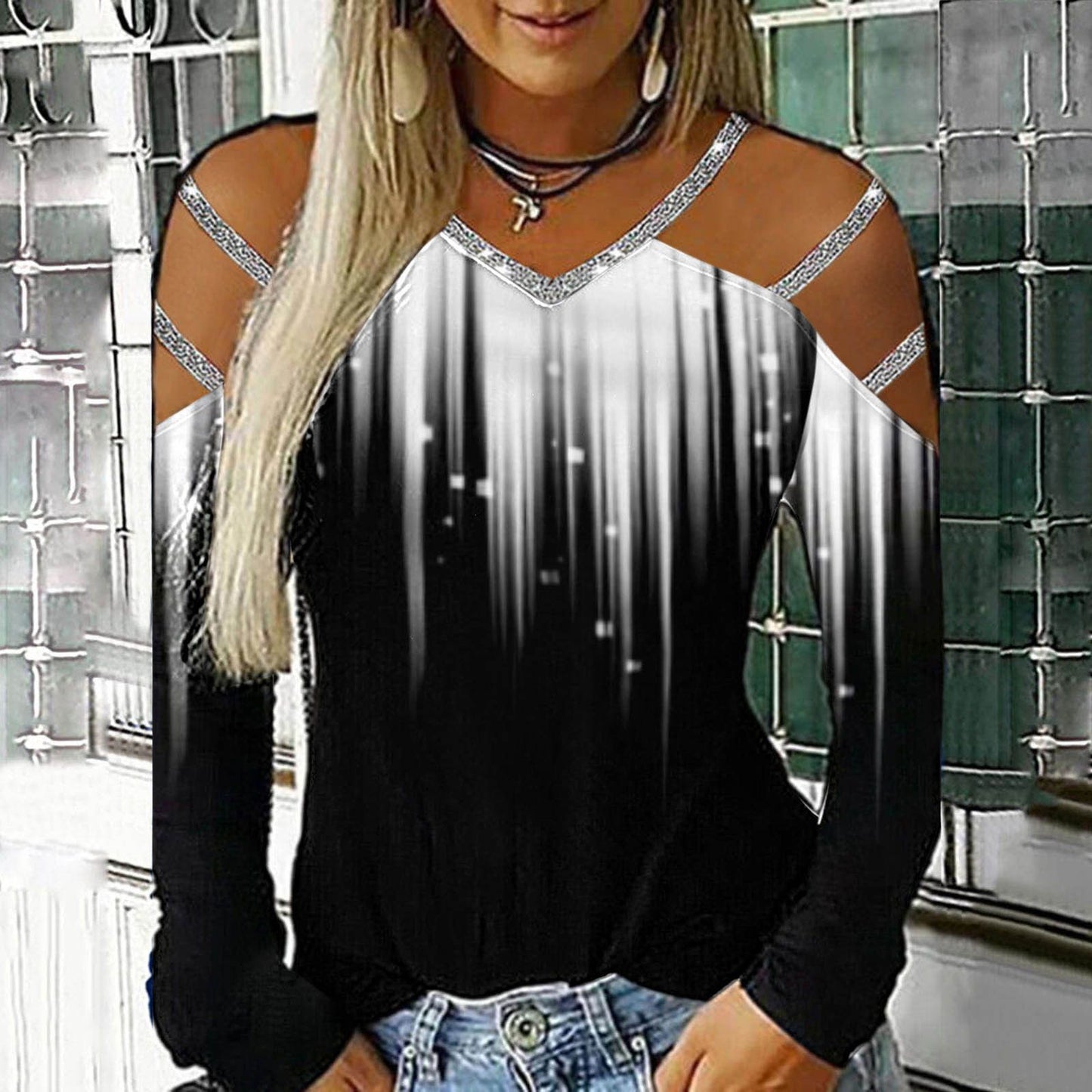 Gradient Printed Women's Shirt Casual Loose Blouses Women Hollow Out Long Sleeves V Neck Off Shoulder Blousess Tops Women - Premium Women's T Shirt from Doba - Just $42.08! Shop now at Handbags Specialist Headquarter