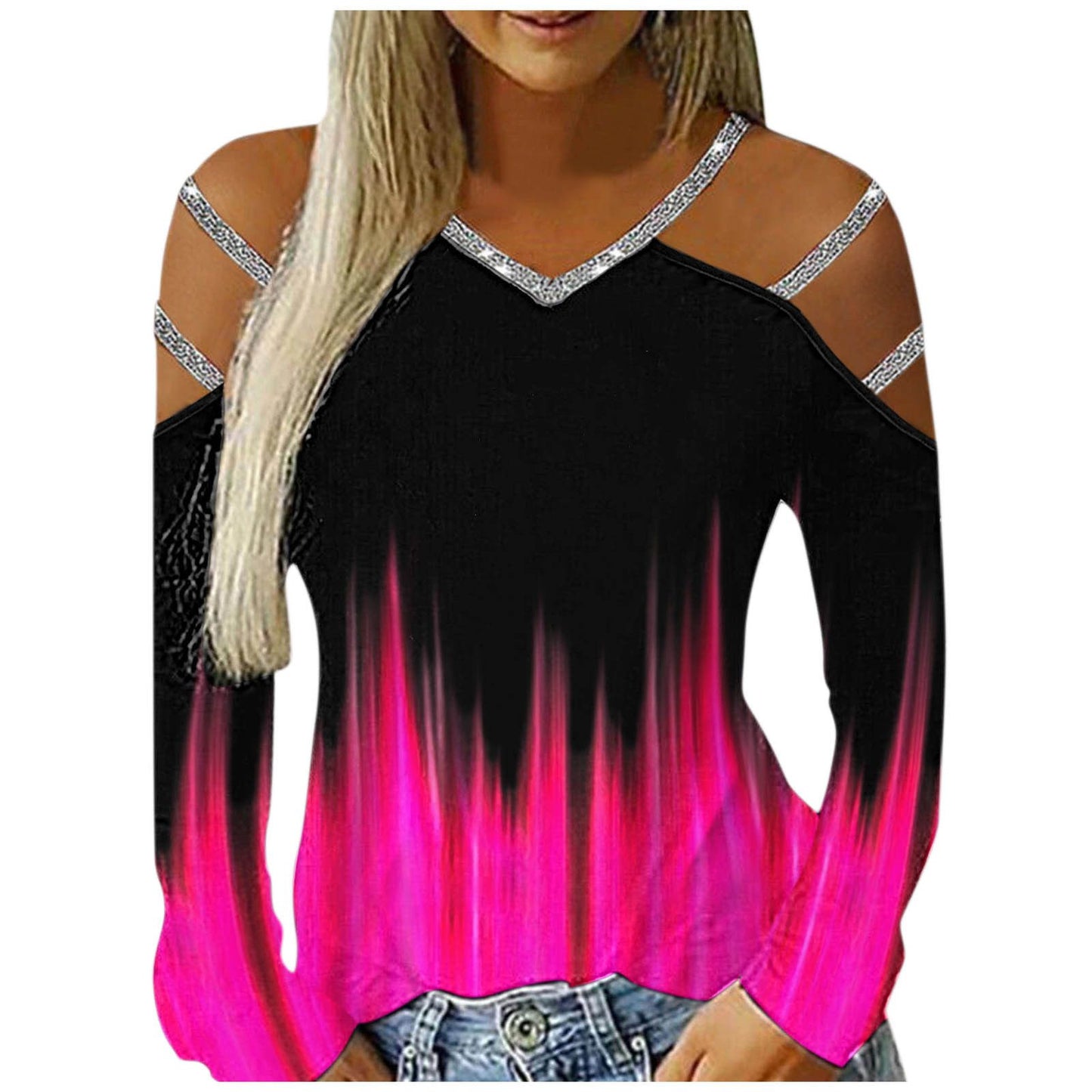 Gradient Printed Women's Shirt Casual Loose Blouses Women Hollow Out Long Sleeves V Neck Off Shoulder Blousess Tops Women - Premium Women's T Shirt from Doba - Just $42.08! Shop now at Handbags Specialist Headquarter