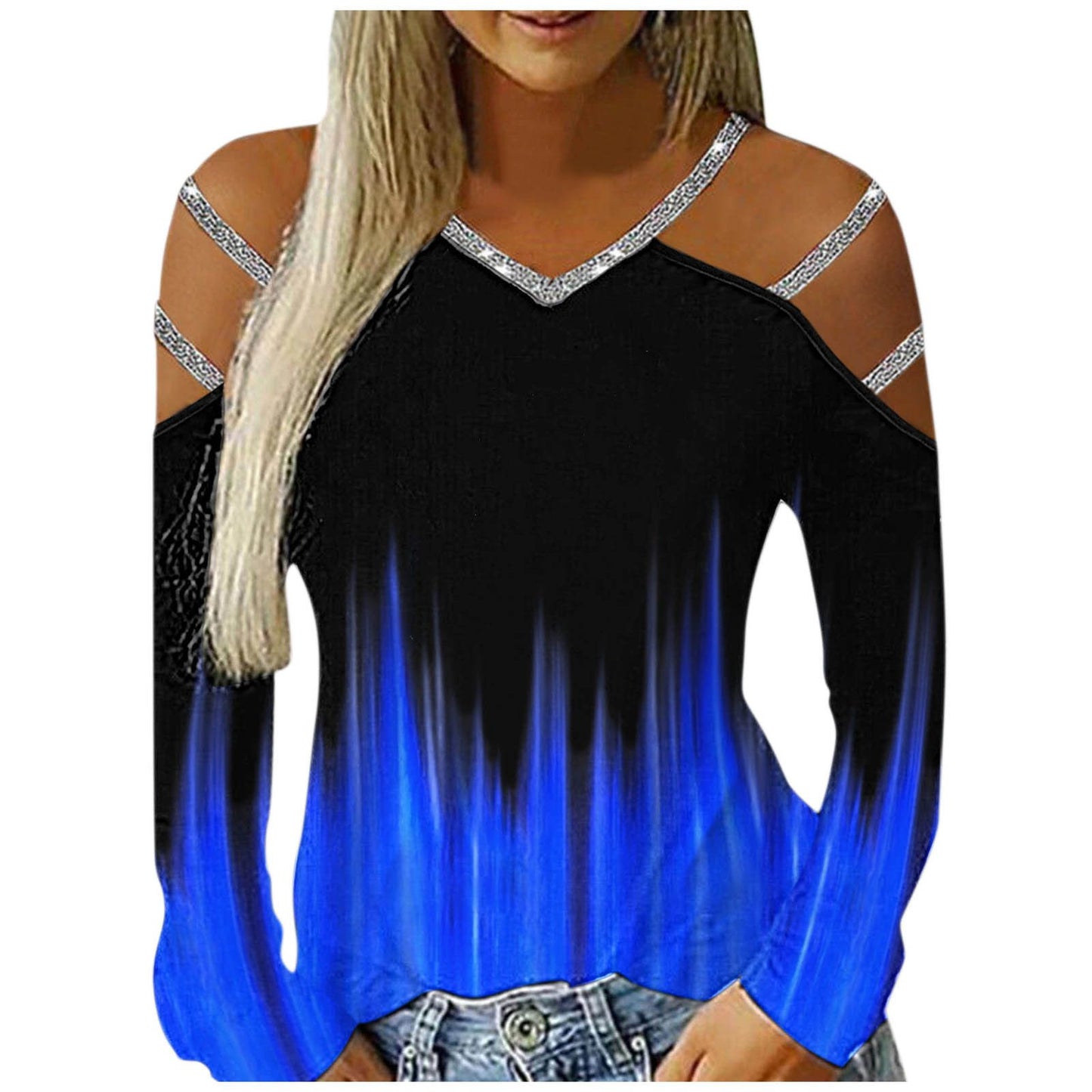Gradient Printed Women's Shirt Casual Loose Blouses Women Hollow Out Long Sleeves V Neck Off Shoulder Blousess Tops Women - Premium Women's T Shirt from Doba - Just $42.08! Shop now at Handbags Specialist Headquarter