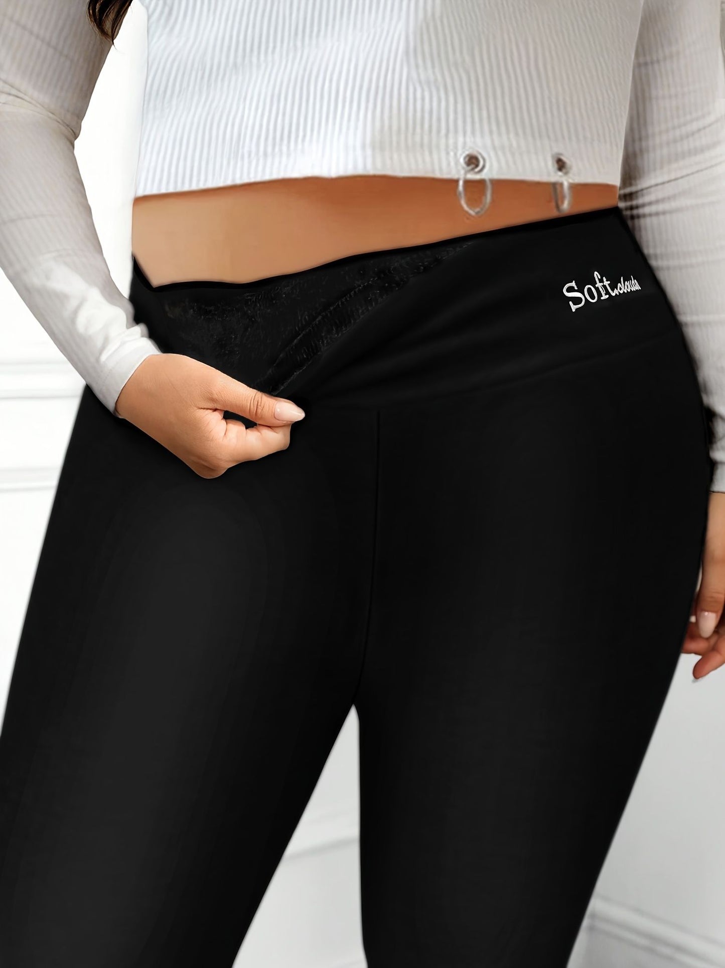Plus Size Casual Leggings, Women's Plus Letter Print Liner Fleece High Rise Slight Stretch Leggings - Premium Women Plus Size from Doba - Just $29.50! Shop now at Handbags Specialist Headquarter