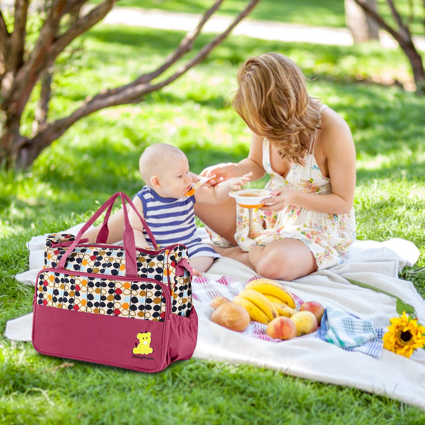 5PCS Baby Nappy Diaper Bags Set Mummy Diaper Shoulder Bags w/ Nappy Changing Pad Insulated Pockets Travel Tote Bags - Premium Tote Bags from Doba - Just $70.62! Shop now at Handbags Specialist Headquarter