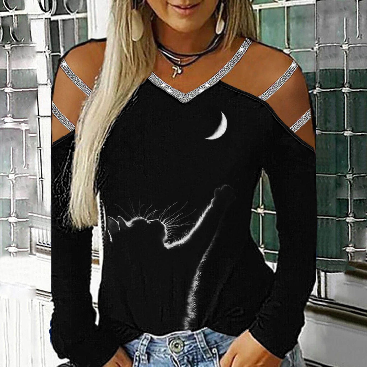 Gradient Printed Women's Shirt Casual Loose Blouses Women Hollow Out Long Sleeves V Neck Off Shoulder Blousess Tops Women - Premium Women's T Shirt from Doba - Just $42.08! Shop now at Handbags Specialist Headquarter