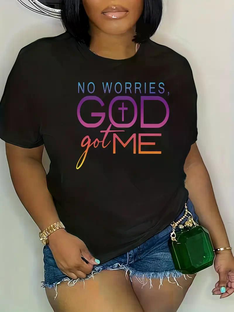 1pc Women'S Plus Size T-Shirt with "No Worries, God Got Me" Print, Casual Crew Neck, Short Sleeve, Sports Style, Knitted Fabric, All-Season Comfort - Premium Women's T Shirt from Doba - Just $31.60! Shop now at Handbags Specialist Headquarter