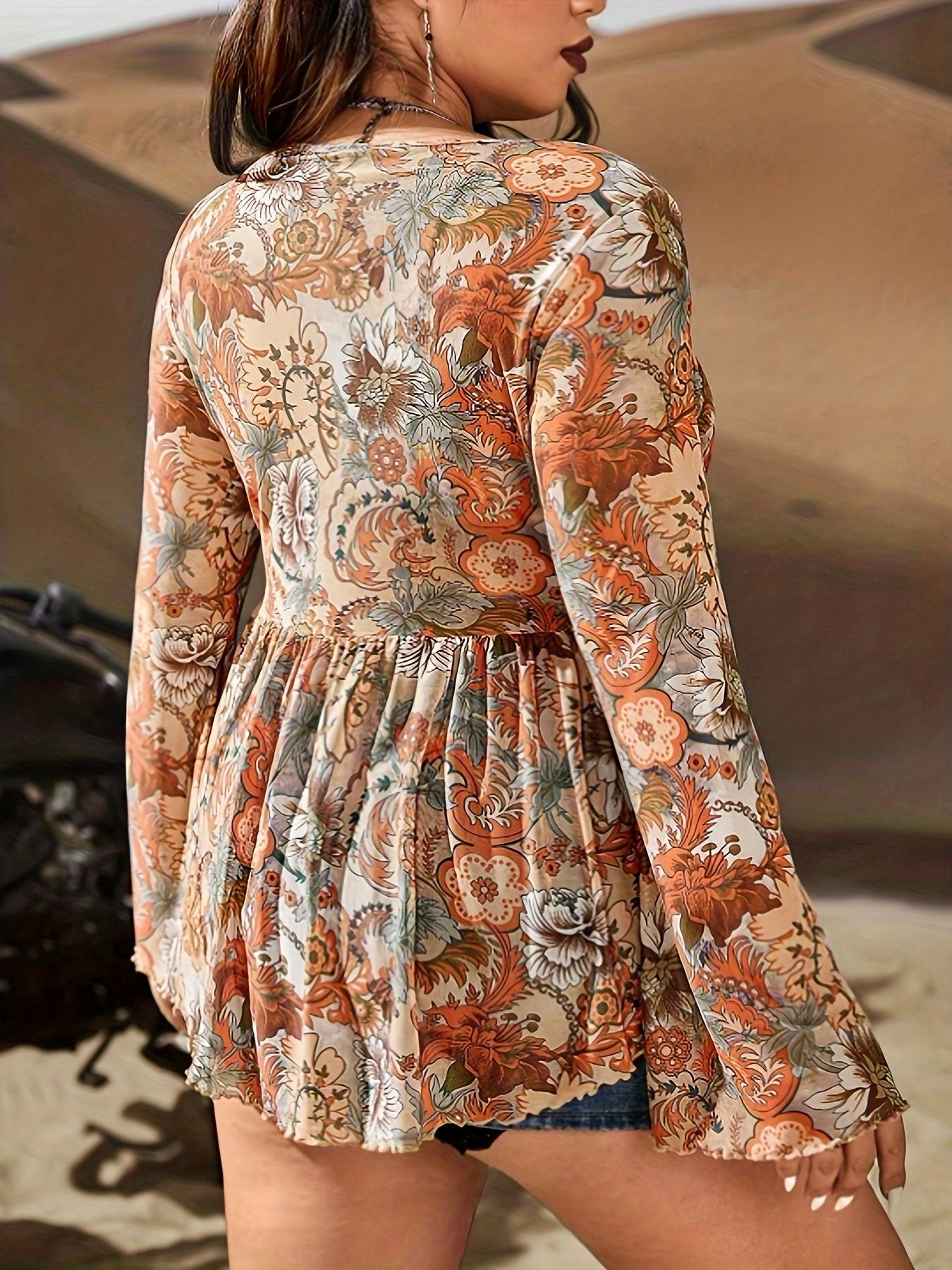 Plus Size Boho Blouse, Women's Plus Paisley Print Long Sleeve V Neck Knot High Stretch Top - Premium Women Plus Size from Doba - Just $32.55! Shop now at Handbags Specialist Headquarter