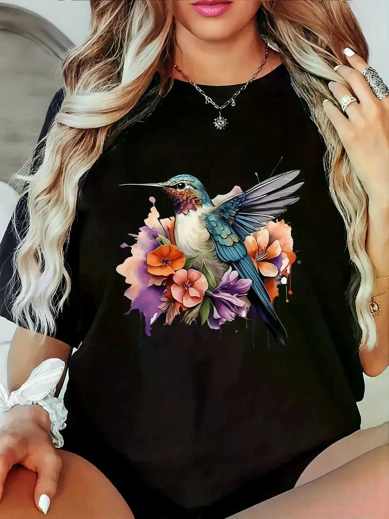 Vibrant Plus Size T-Shirt with Hummingbird& Floral Design- Casual Short Sleeve, Round Neck Top for Women- Lightweight Polyester Blend, Perfect for Spring - Premium Women Plus Size from Doba - Just $31.60! Shop now at Handbags Specialist Headquarter