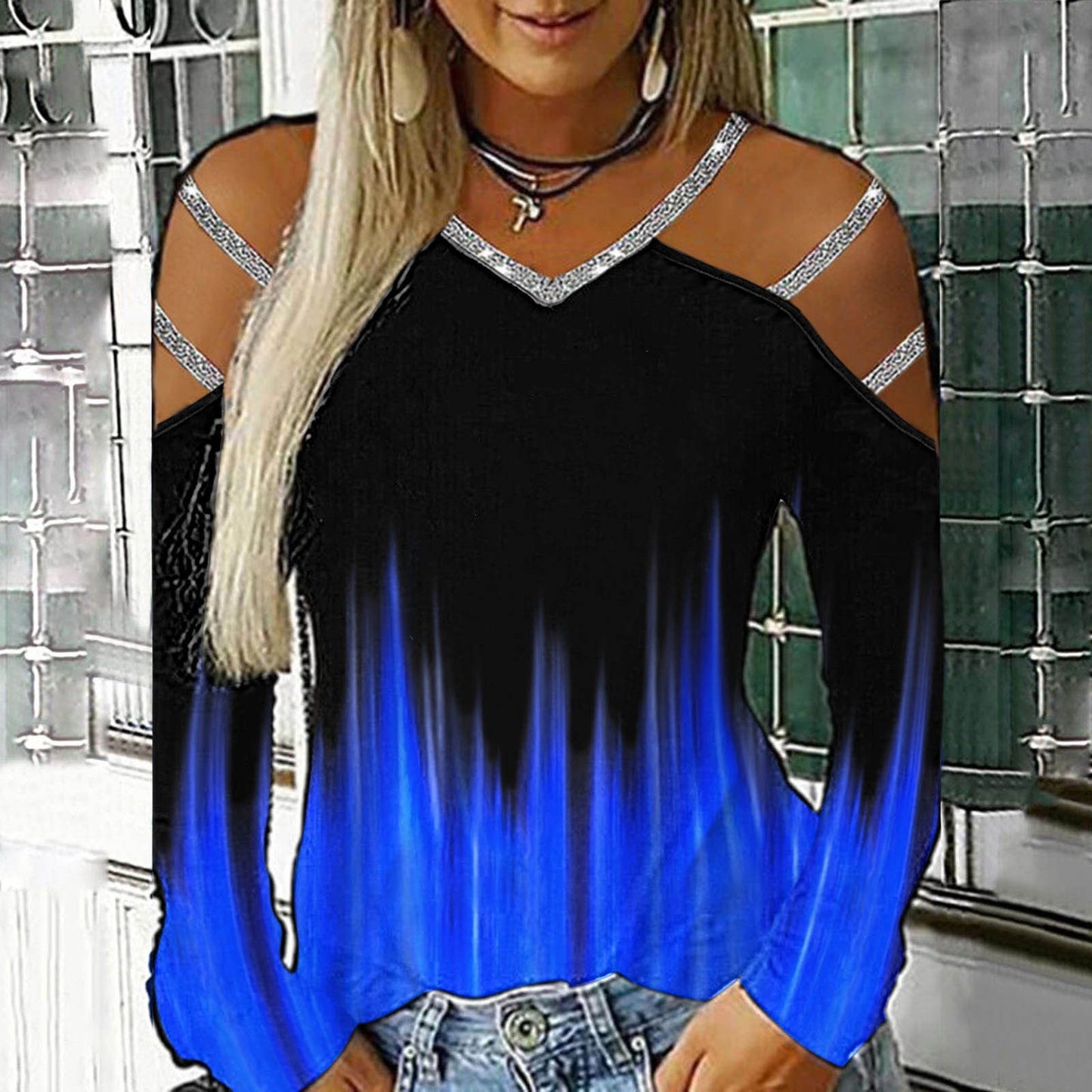 Gradient Printed Women's Shirt Casual Loose Blouses Women Hollow Out Long Sleeves V Neck Off Shoulder Blousess Tops Women - Premium Women's T Shirt from Doba - Just $42.08! Shop now at Handbags Specialist Headquarter