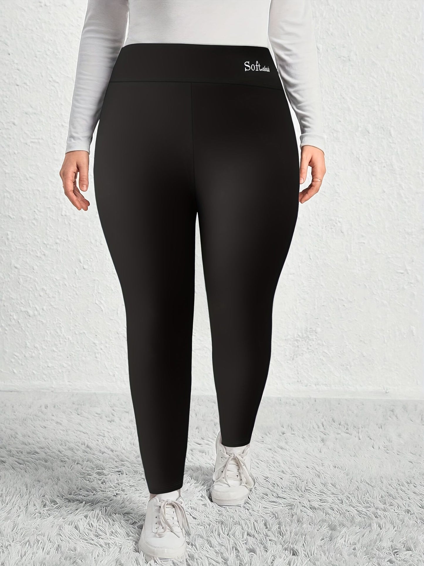 Plus Size Casual Leggings, Women's Plus Letter Print Liner Fleece High Rise Slight Stretch Leggings - Premium Women Plus Size from Doba - Just $29.50! Shop now at Handbags Specialist Headquarter