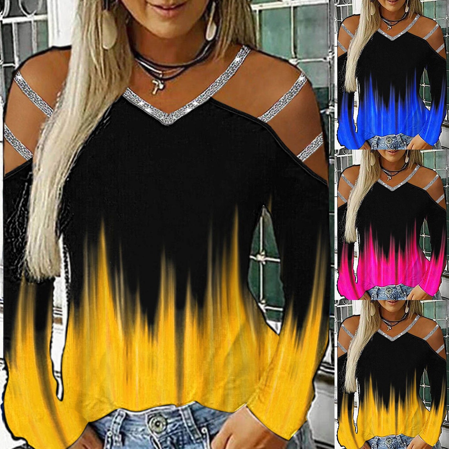 Gradient Printed Women's Shirt Casual Loose Blouses Women Hollow Out Long Sleeves V Neck Off Shoulder Blousess Tops Women - Premium Women's T Shirt from Doba - Just $42.08! Shop now at Handbags Specialist Headquarter