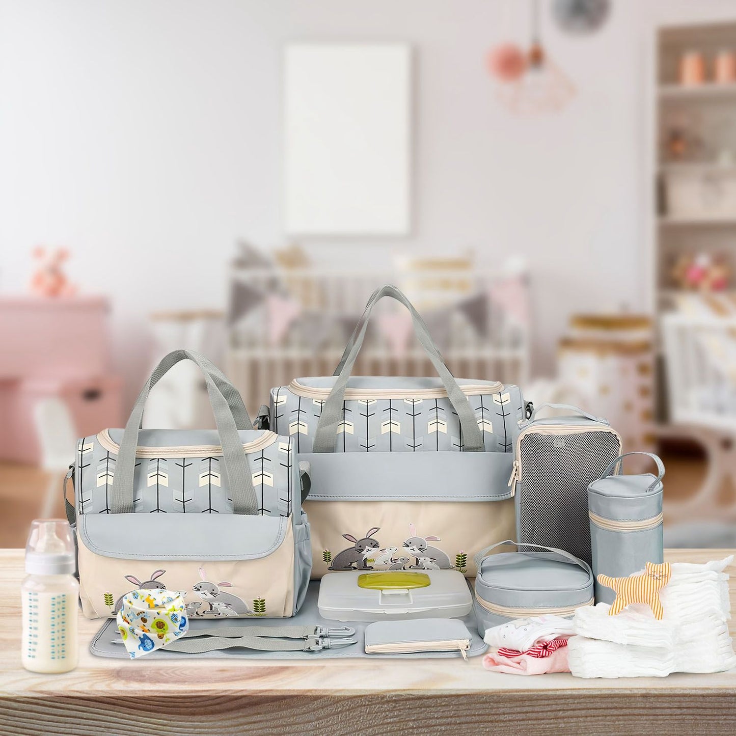 11Pcs Baby Nappy Diaper Bags Set for Mom Dad Mummy Shoulder Bags Multifunctional Diaper Handbags with Food Bag Bottle Bag Diaper Pad Burp Cloth 2 Hook Straps - Premium Diaper Bags Set from Doba - Just $112.54! Shop now at Handbags Specialist Headquarter