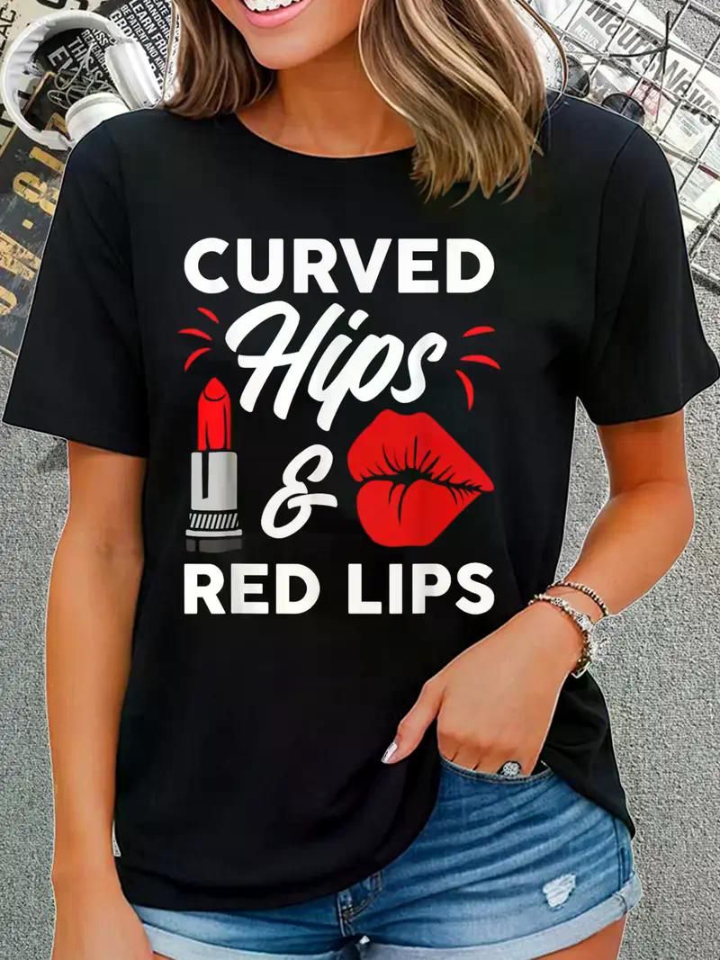 Chic Plus Size T-Shirt for Women - Red Lips & Lipstick Design, Casual Crew Neck, Short Sleeve Top - Premium Women's T Shirt from Doba - Just $31.60! Shop now at Handbags Specialist Headquarter