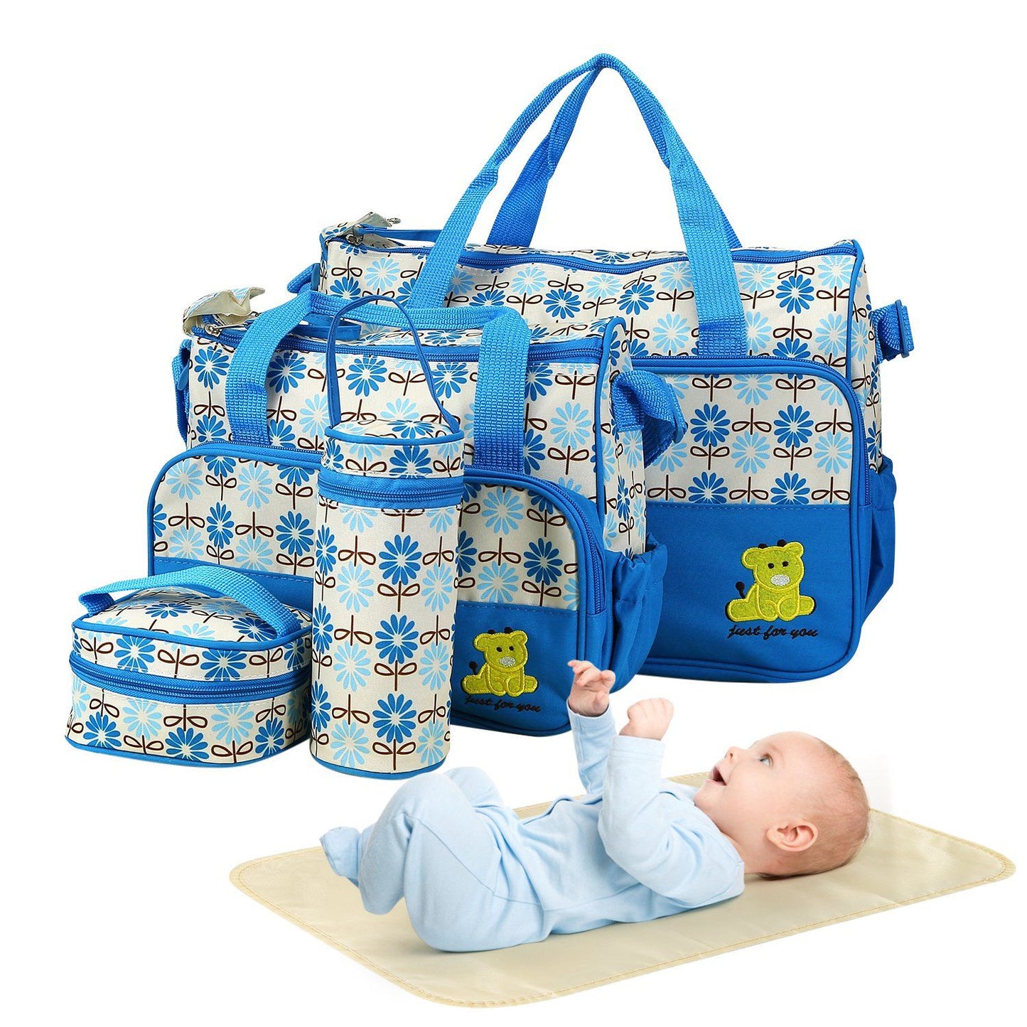 5PCS Baby Nappy Diaper Bags Set Mummy Diaper Shoulder Bags w/ Nappy Changing Pad Insulated Pockets Travel Tote Bags - Premium Tote Bags from Doba - Just $70.62! Shop now at Handbags Specialist Headquarter