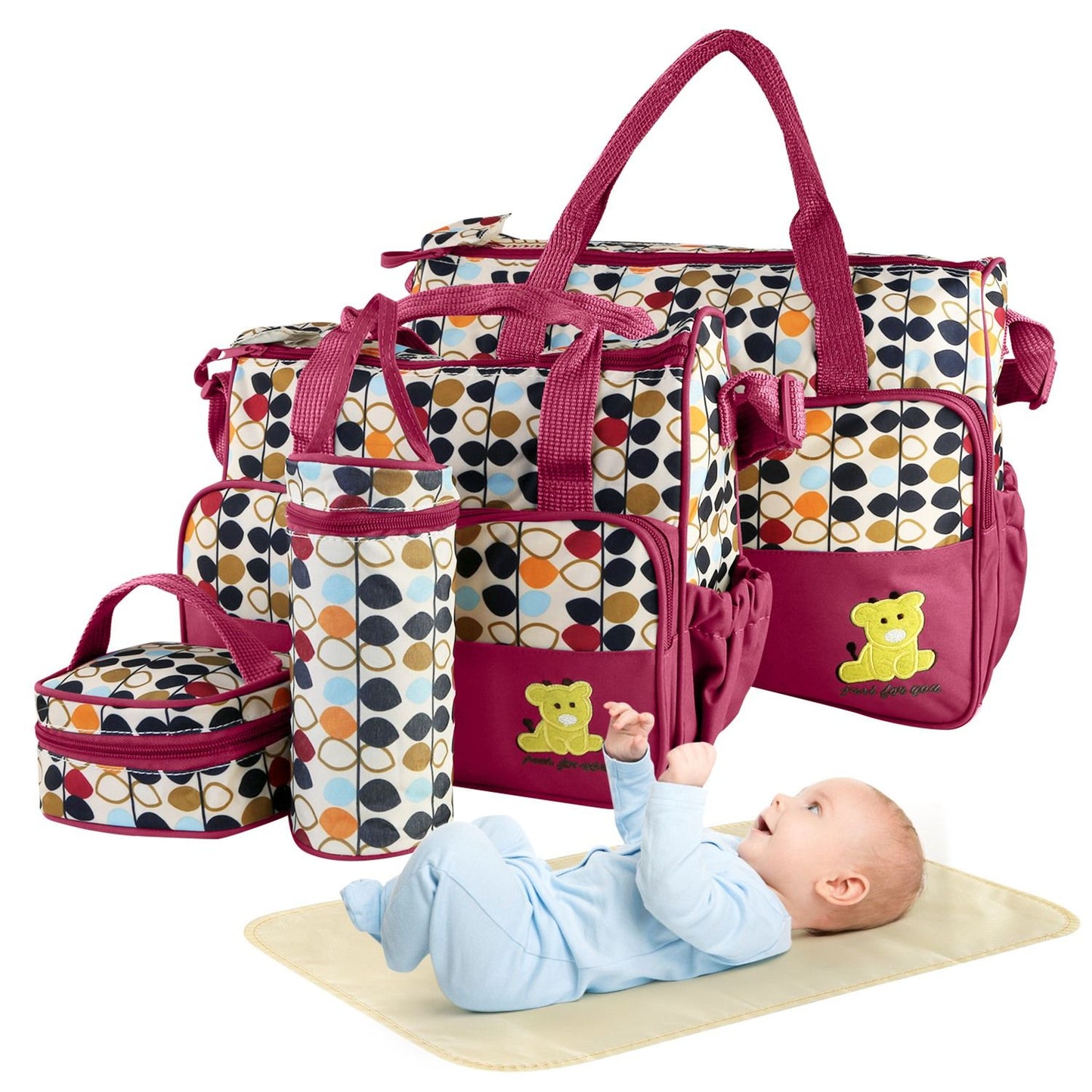 5PCS Baby Nappy Diaper Bags Set Mummy Diaper Shoulder Bags w/ Nappy Changing Pad Insulated Pockets Travel Tote Bags - Premium Tote Bags from Doba - Just $70.62! Shop now at Handbags Specialist Headquarter