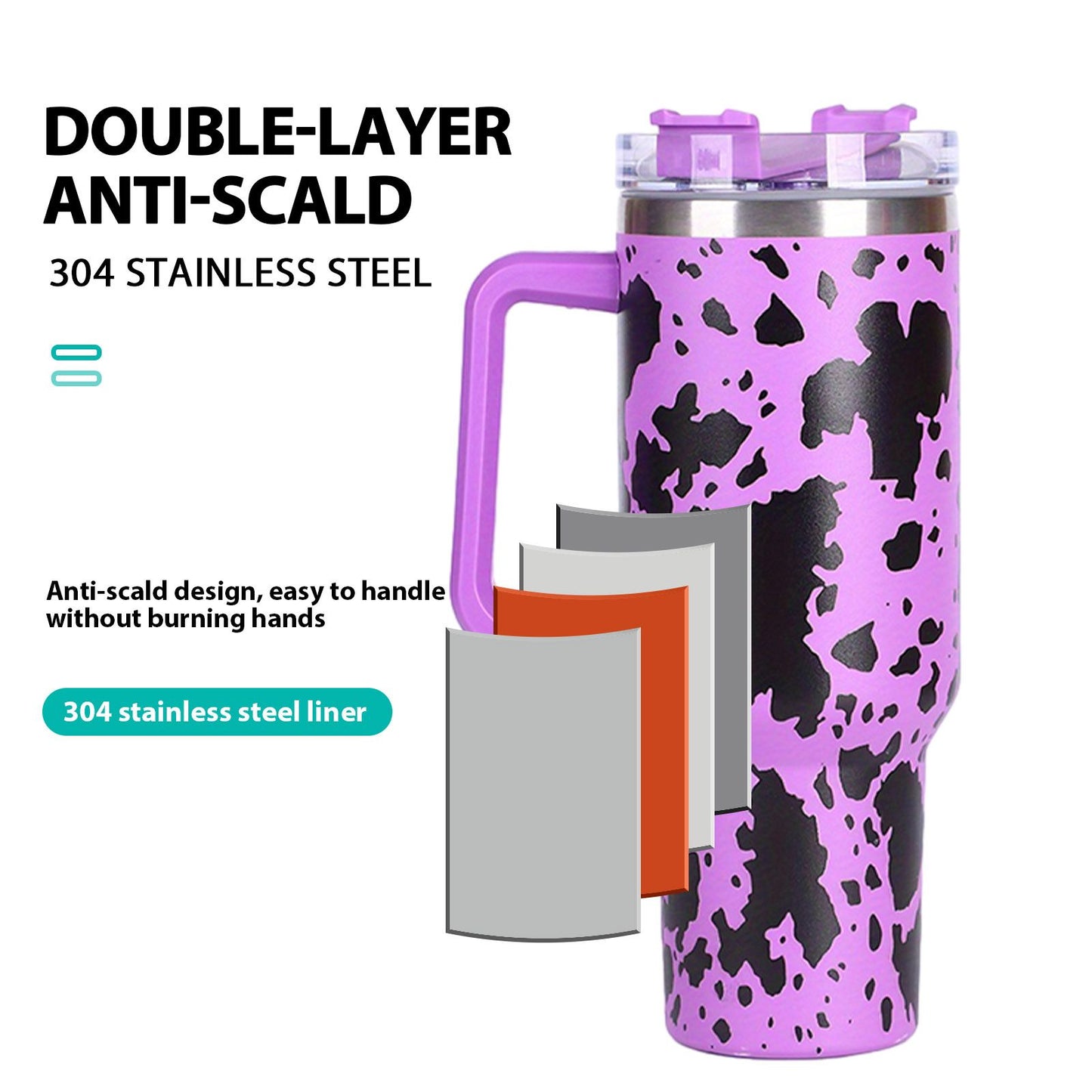 40oz 5D cowprint Insulated Tumbler With Handle And Straw Lid Portable Large Capacity water bottle, Heat preservation,304 Stainless Steel Cup For Outdoor Sports, Travel & Camping Birthday Gift - Premium Water Bottles from Doba - Just $39.48! Shop now at Handbags Specialist Headquarter