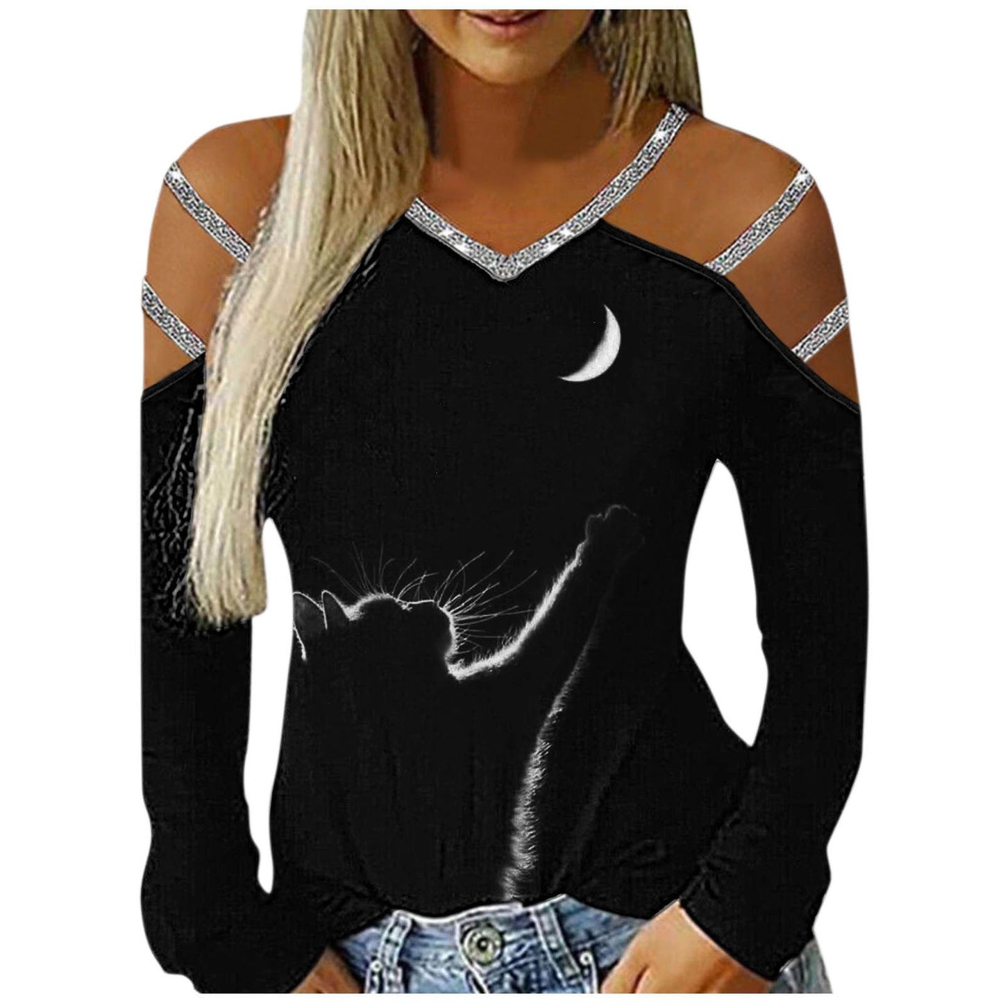 Gradient Printed Women's Shirt Casual Loose Blouses Women Hollow Out Long Sleeves V Neck Off Shoulder Blousess Tops Women - Premium Women's T Shirt from Doba - Just $42.08! Shop now at Handbags Specialist Headquarter