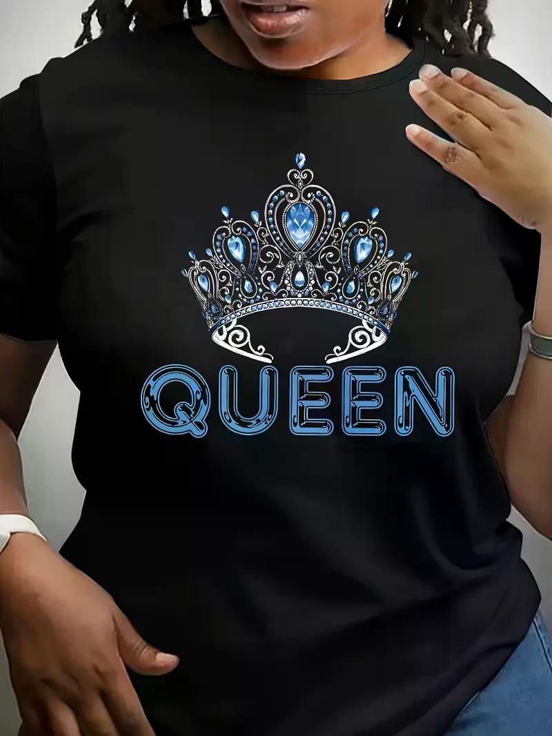 Women's Plus Size Casual Black T-Shirt with "Queen" Crown Design - Crew Neck, Short Sleeve, Stretchy Polyester Blend, Machine Washable - Premium Women Plus Size from Doba - Just $31.60! Shop now at Handbags Specialist Headquarter