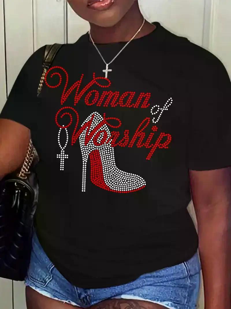 Chic Plus Size Women's T-Shirt with "WOMAN OF WORSHIP" Graphic Print - Relaxed Crew Neck, Short Sleeve, Soft Jersey Fabric, All-Season Casual Top for Spring/Summer - Premium Women's T Shirt from Doba - Just $31.60! Shop now at Handbags Specialist Headquarter