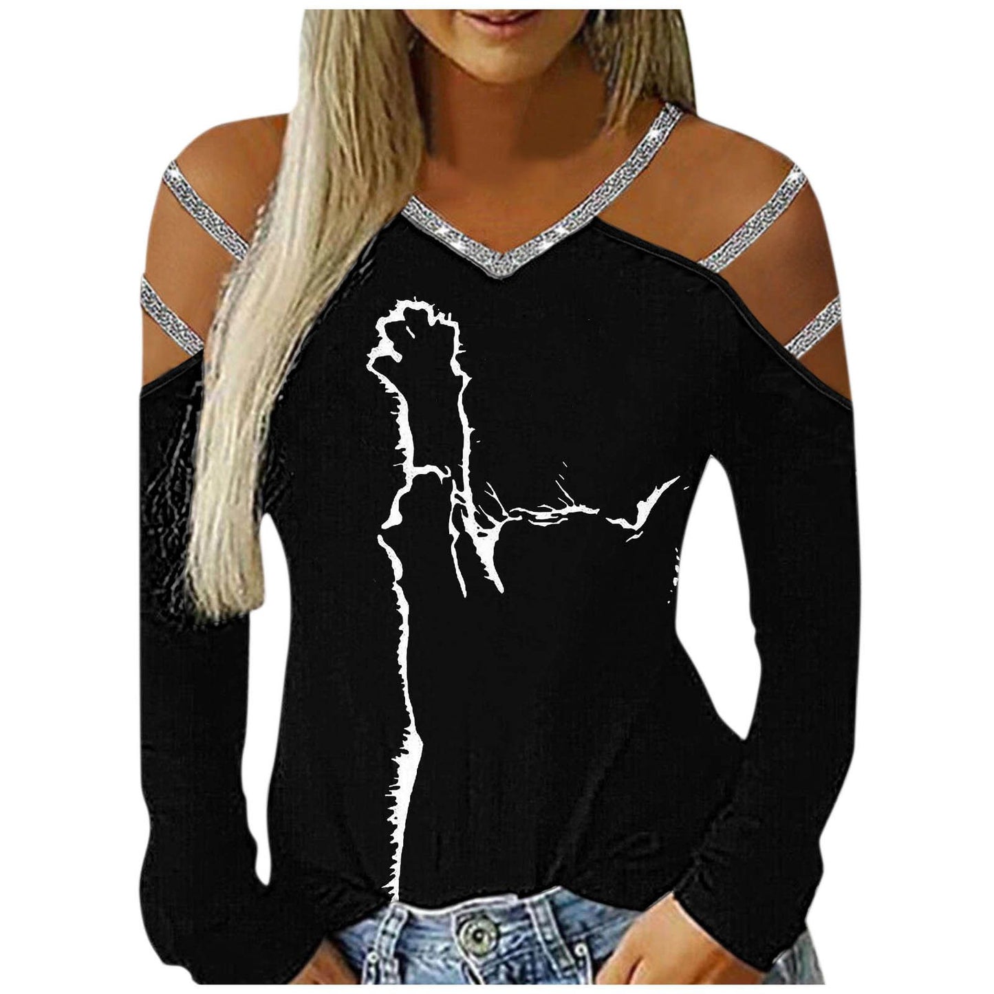 Gradient Printed Women's Shirt Casual Loose Blouses Women Hollow Out Long Sleeves V Neck Off Shoulder Blousess Tops Women - Premium Women's T Shirt from Doba - Just $42.08! Shop now at Handbags Specialist Headquarter