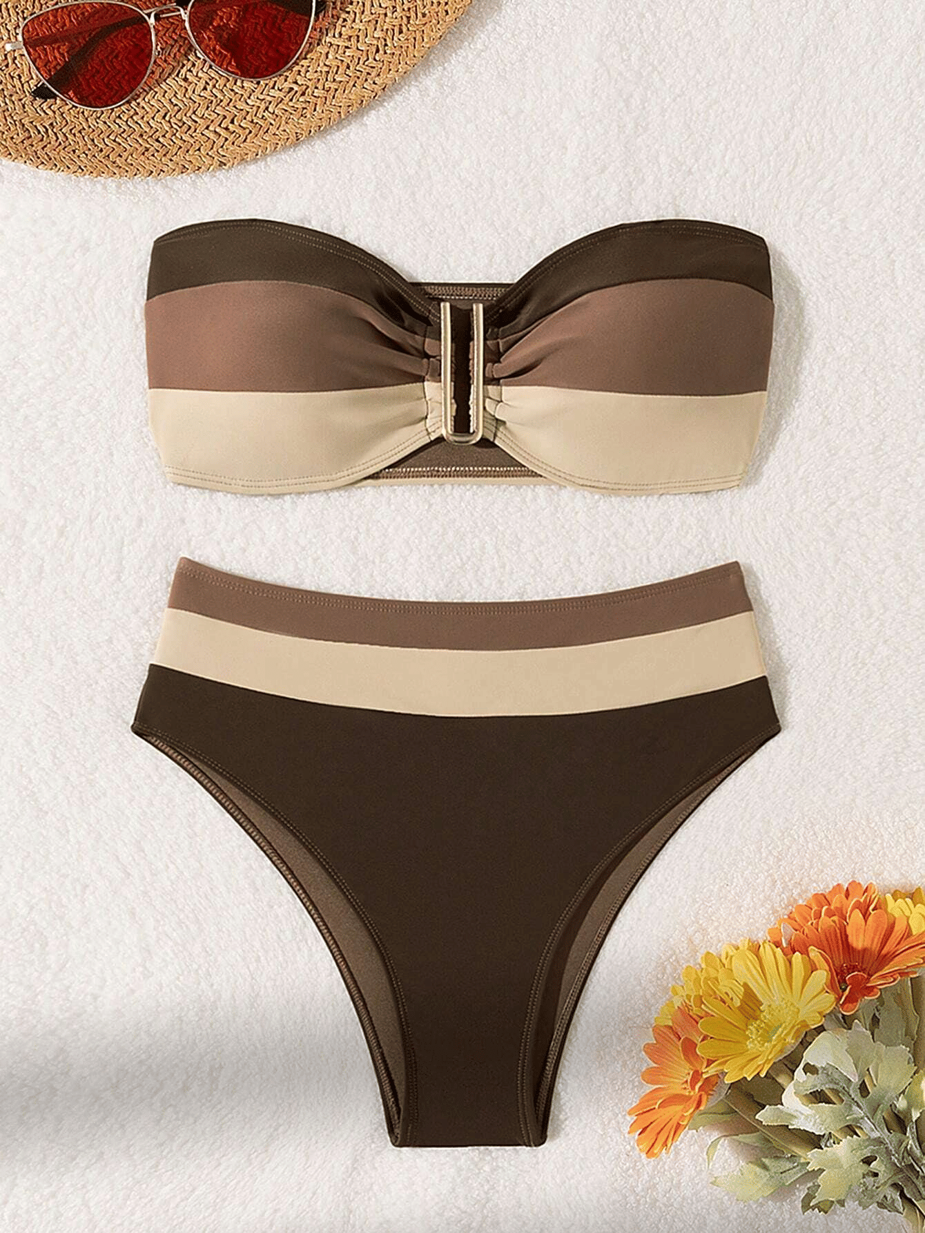 Women's two-piece coffee colored bikini swimsuit strapless fashion quick drying - Premium Swimsuit Set from Doba - Just $28.98! Shop now at Handbags Specialist Headquarter