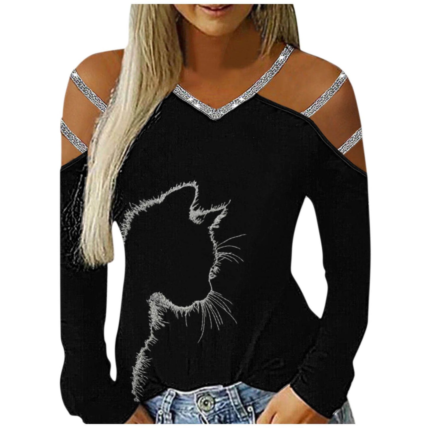 Gradient Printed Women's Shirt Casual Loose Blouses Women Hollow Out Long Sleeves V Neck Off Shoulder Blousess Tops Women - Premium Women's T Shirt from Doba - Just $42.08! Shop now at Handbags Specialist Headquarter