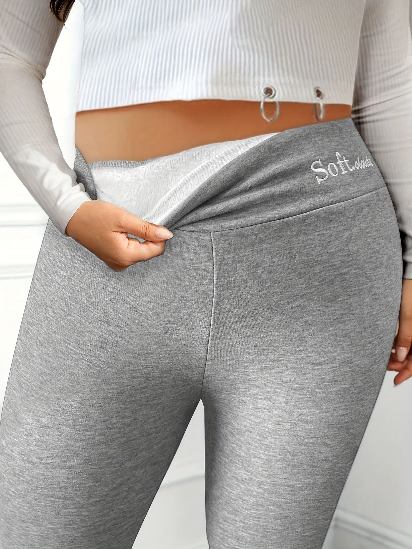 Plus Size Casual Leggings, Women's Plus Letter Print Liner Fleece High Rise Slight Stretch Leggings - Premium Women Plus Size from Doba - Just $29.50! Shop now at Handbags Specialist Headquarter