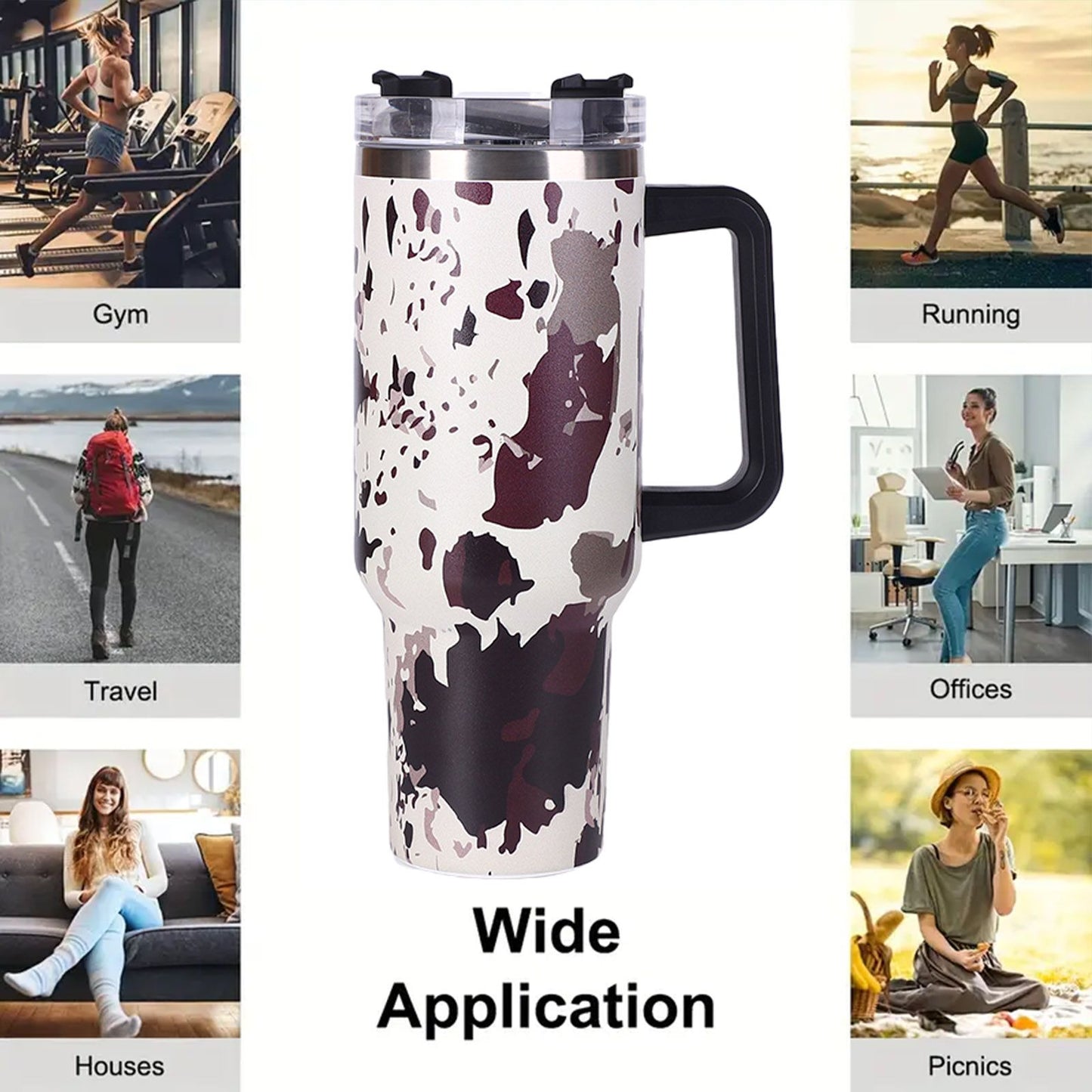 40oz 5D cowprint Insulated Tumbler With Handle And Straw Lid Portable Large Capacity water bottle, Heat preservation,304 Stainless Steel Cup For Outdoor Sports, Travel & Camping Birthday Gift - Premium Water Bottles from Doba - Just $39.48! Shop now at Handbags Specialist Headquarter