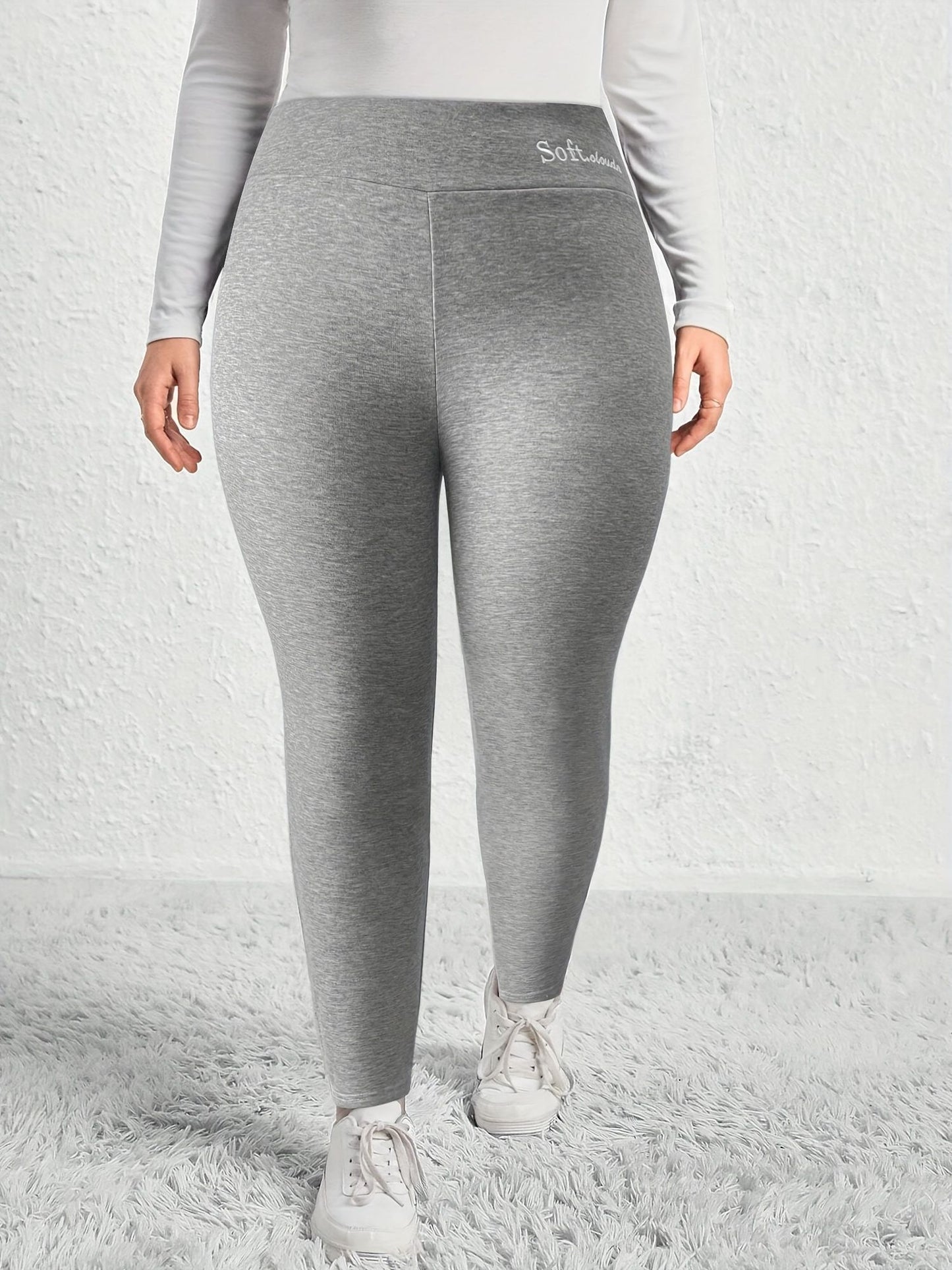 Plus Size Casual Leggings, Women's Plus Letter Print Liner Fleece High Rise Slight Stretch Leggings - Premium Women Plus Size from Doba - Just $29.50! Shop now at Handbags Specialist Headquarter
