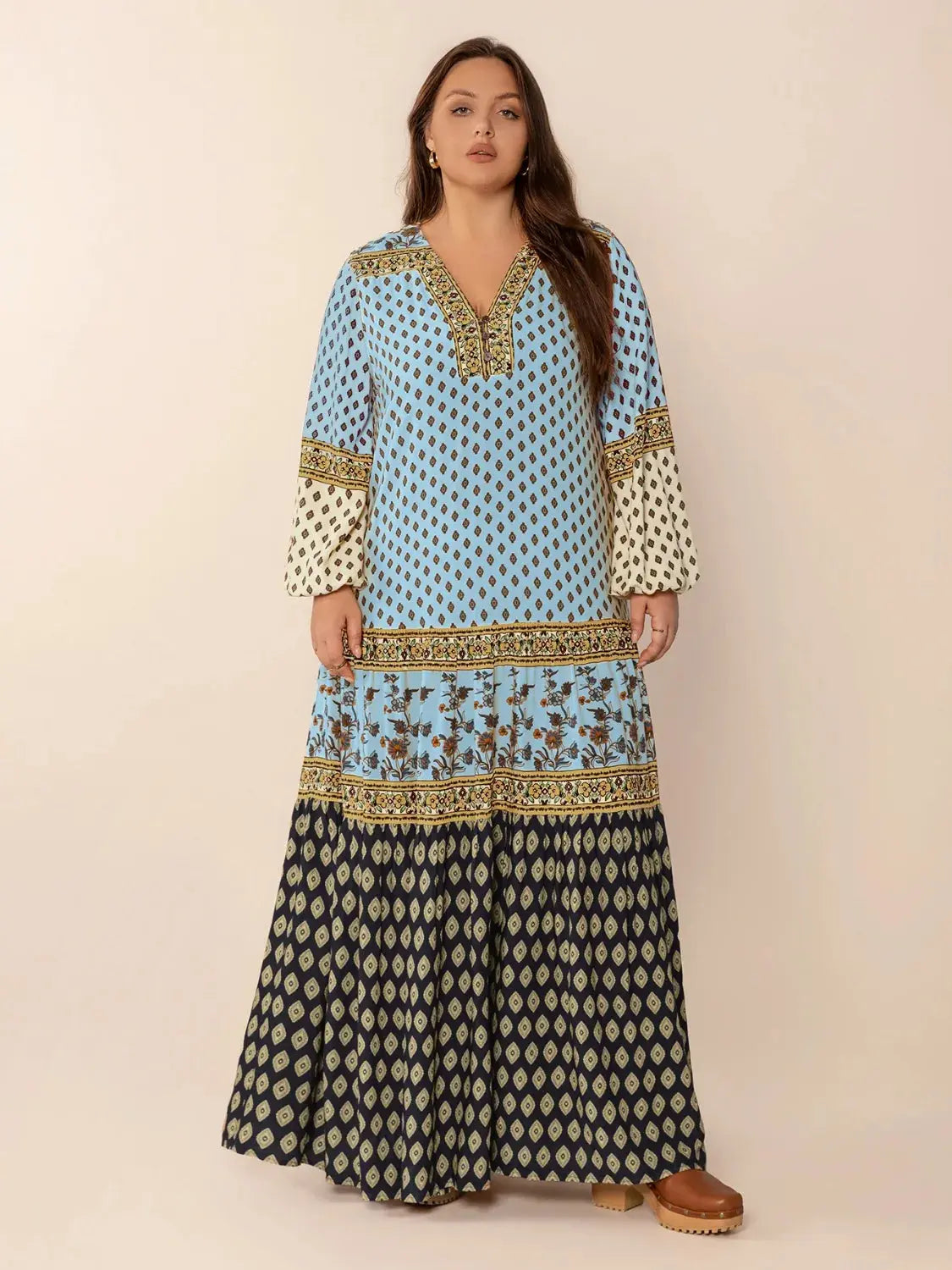 Plus Size Printed V-Neck Balloon Sleeve Maxi Dress.