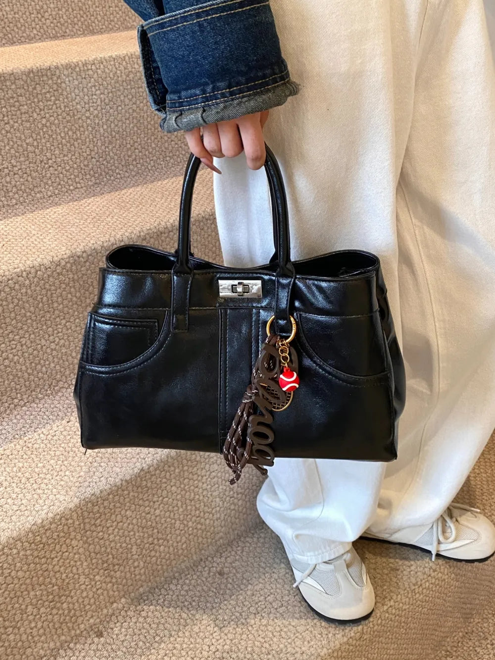 PU Leather Handbag with Pendant - Premium Tote Bag from Trendsi - Just $40.99! Shop now at Handbags Specialist Headquarter