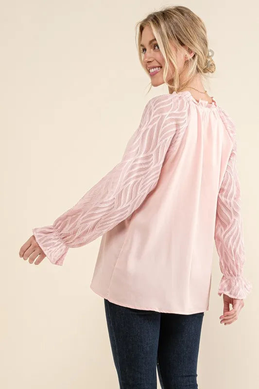 And The Why Leaves Shape Textured Sleeve Blouse - Premium Tops from Trendsi - Just $38.88! Shop now at Handbags Specialist Headquarter