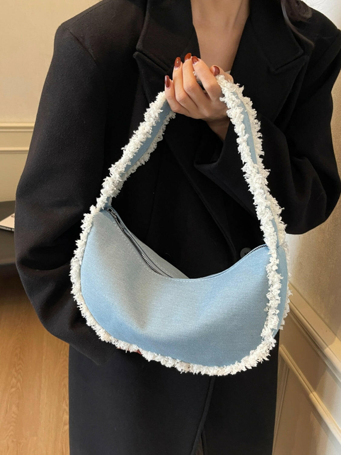 Raw Hem Denim Shoulder Bag.