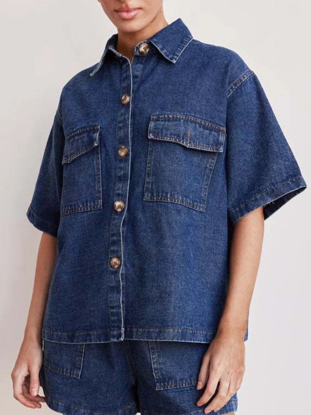Button Up Half Sleeve Denim Shirt - Premium Women / Jeans & Denim from Trendsi - Just $34.56! Shop now at Handbags Specialist Headquarter