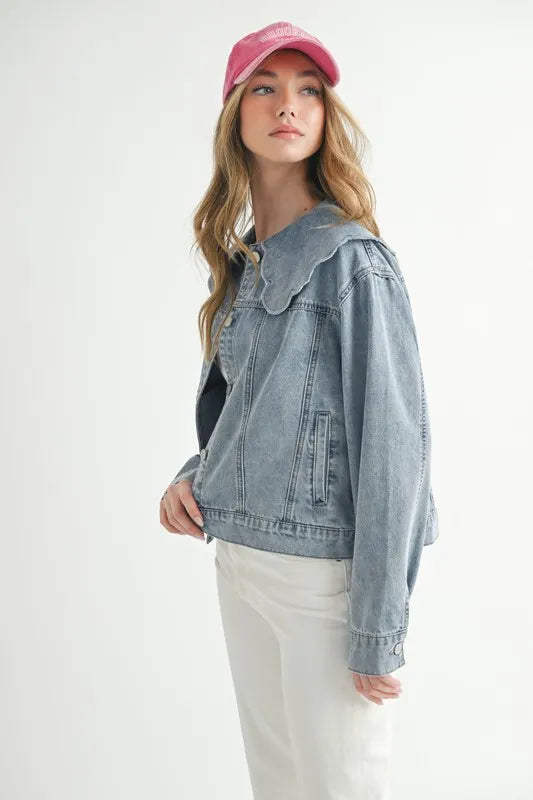 MABLE Scallop Peter Pan Collar Denim Jacket - Premium Women / Jeans & Denim from Trendsi - Just $64.90! Shop now at Handbags Specialist Headquarter