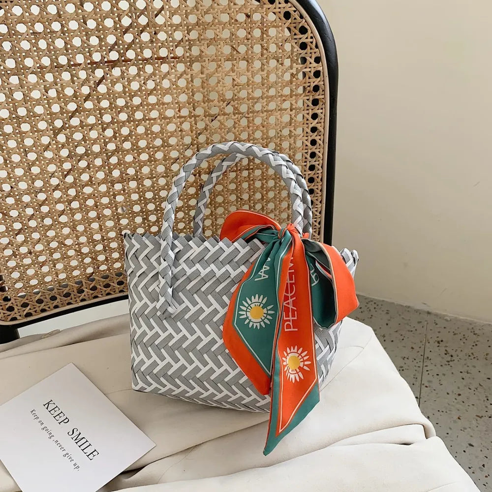 Contrast Woven Handbag with Ribbon - Premium Tote Bag from Trendsi - Just $39.99! Shop now at Handbags Specialist Headquarter