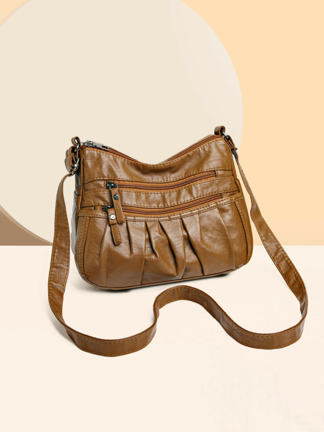PU Leather Ruched Adjustable Strap Shoulder Bag.