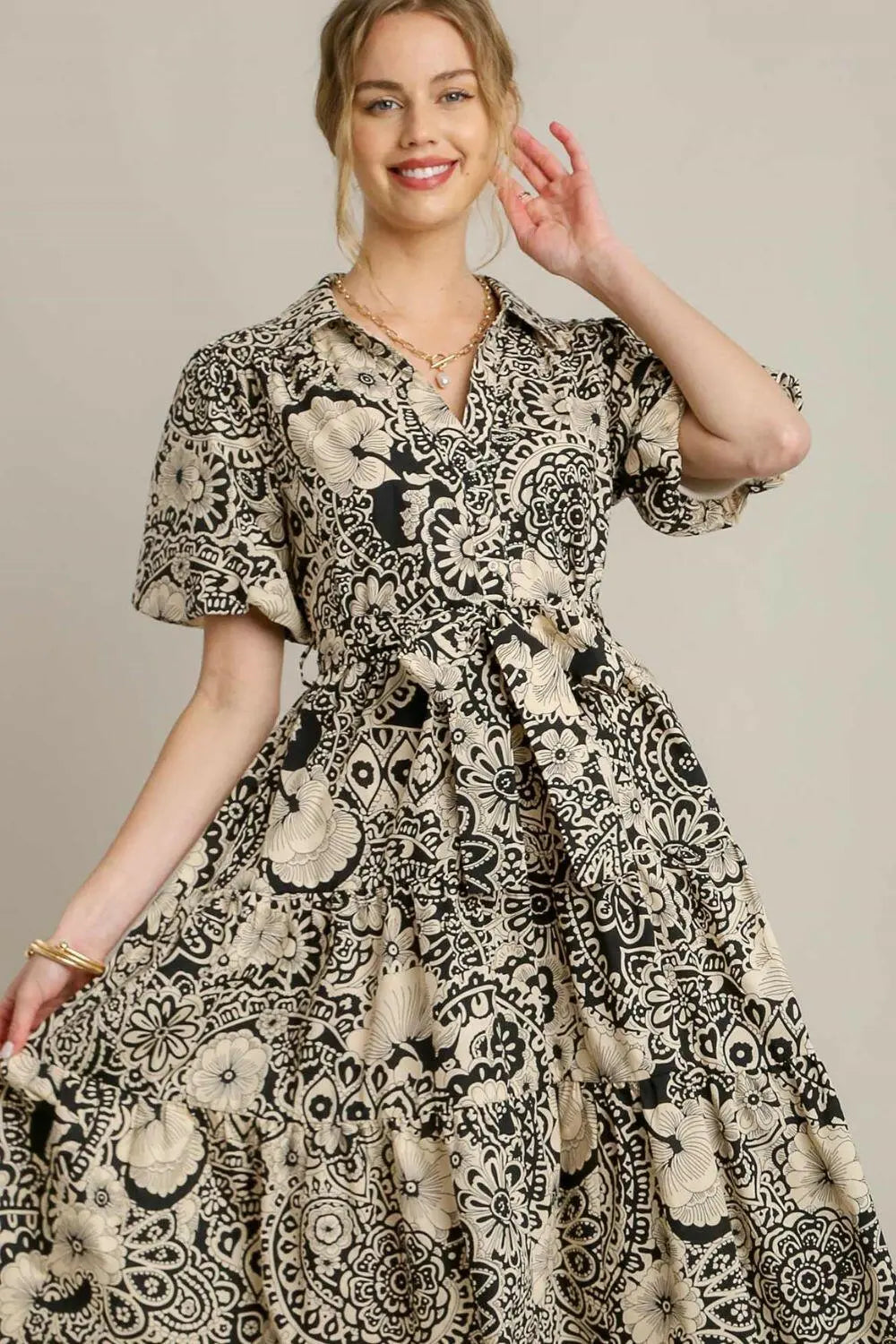 Umgee Full Size Mixed Print A-Line Tiered Midi Dress Plus Size.
