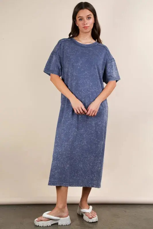 VERY J Plus Size Mineral Washed Casual Comfy Midi Dress.
