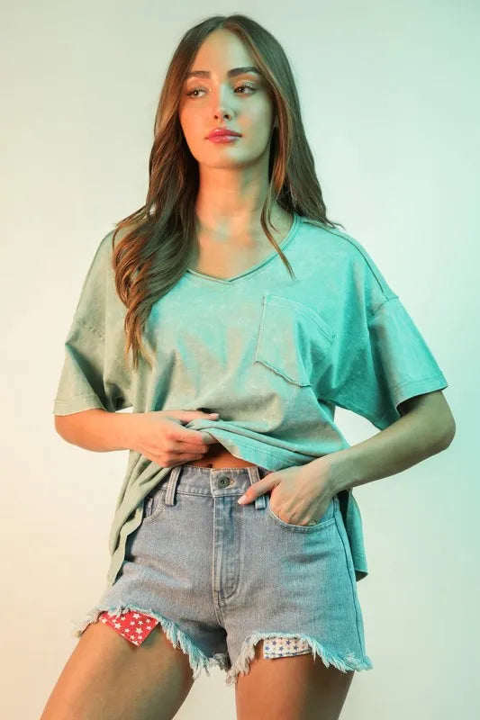 VERY J Raw Hem Pocketed Contrast Washed Denim Shorts - Premium Women / Jeans & Denim from Trendsi - Just $37.78! Shop now at Handbags Specialist Headquarter